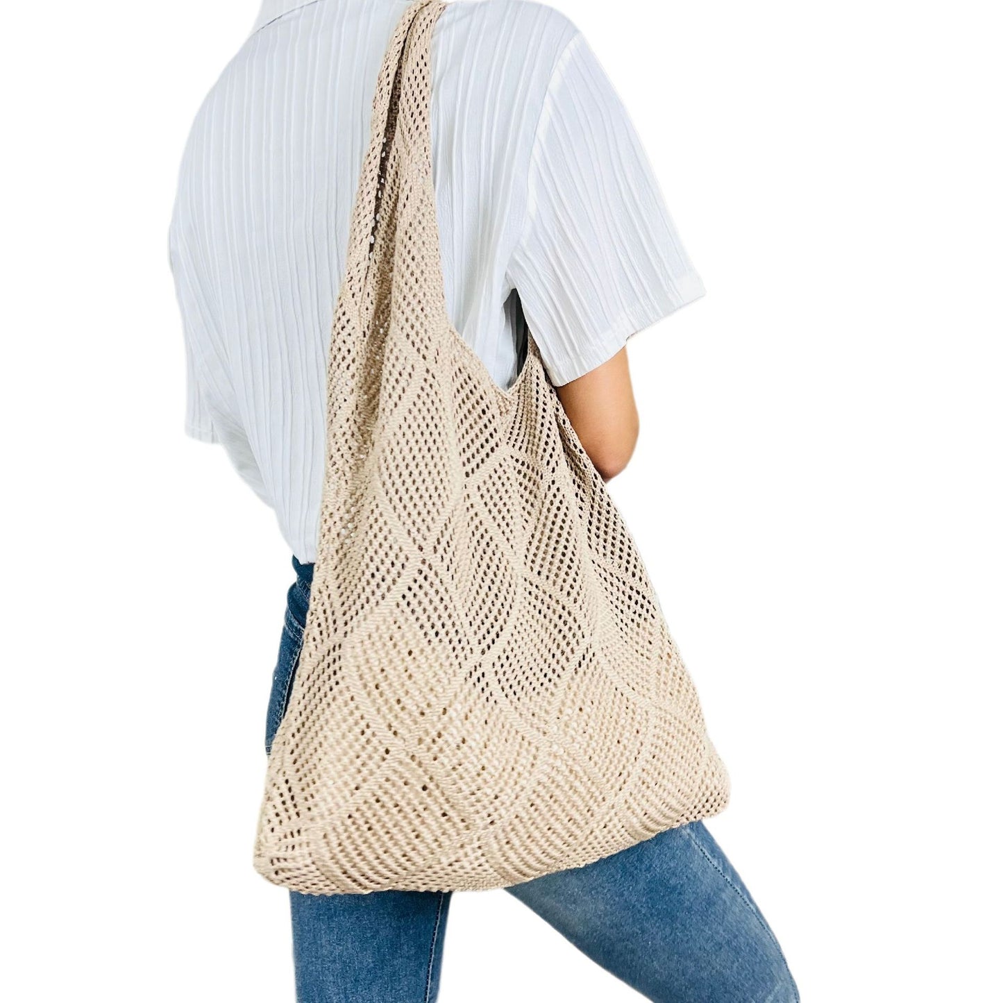 A 2023 new cross-border bags Japan and South Korea Tote solid color bags knitted bags hollowed out bags woven bags women&#039;s bags tide