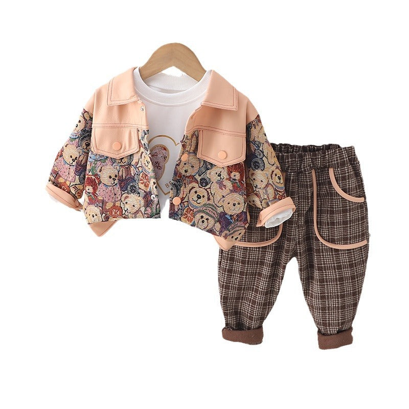 A boys and girls spring clothes new foreign style children's bear leather jacket plaid trousers three-piece set source manufacturer wholesale