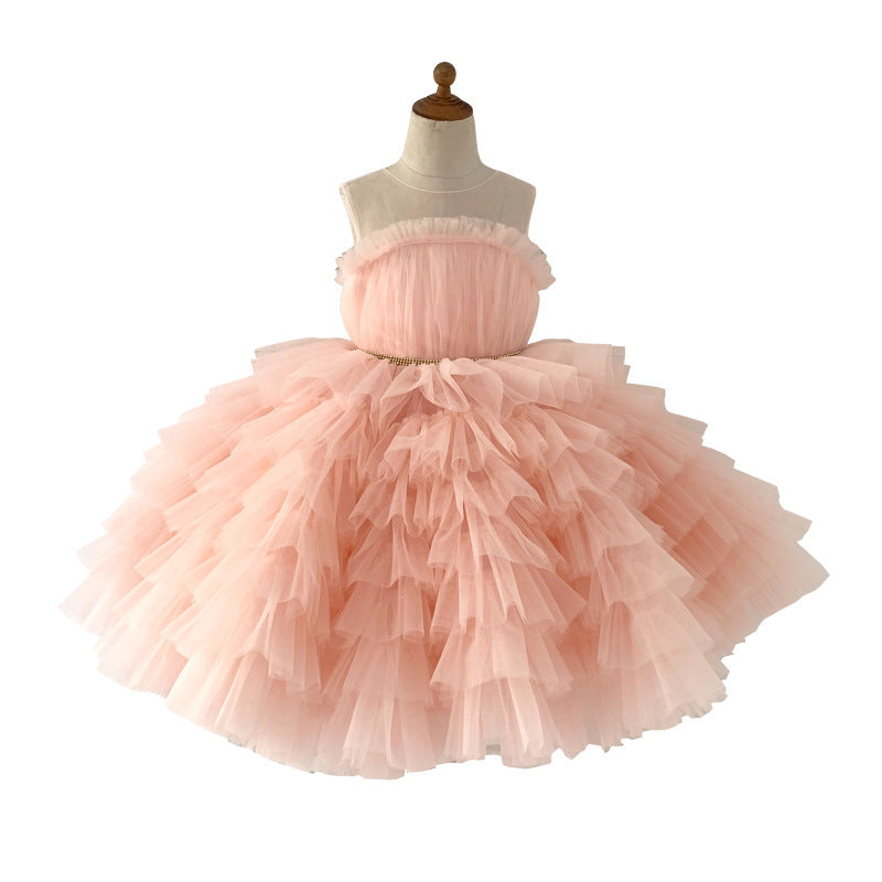 Vestido de niña rosa con falda cruzada, vestido de boda para niños, vestido de princesa hinchado, vestido de cumpleaños para niño de flores, vestido de actuación de piano, 0,6 kg 