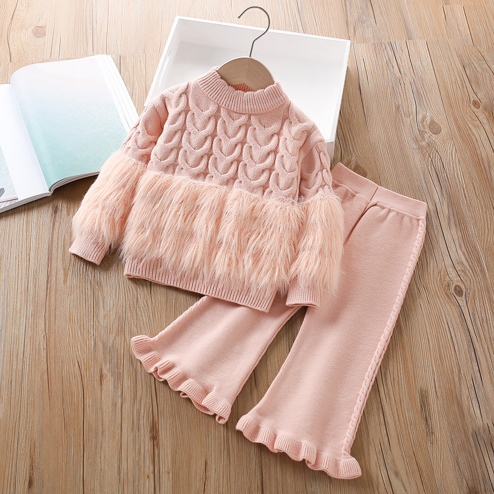 A girls sweater set autumn and winter new foreign style Korean version solid color twist fluff knitted long-sleeved pants two-piece set