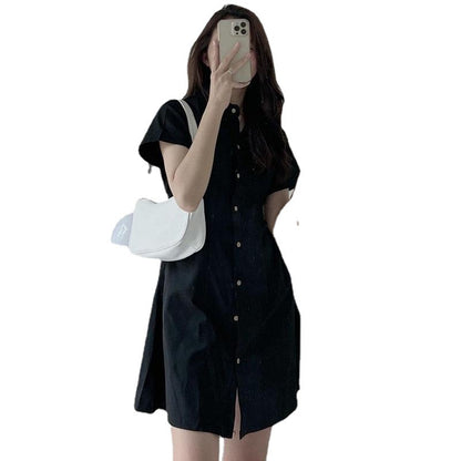 A Korean chic summer simple temperament lapel single-breasted waist thin short-sleeved shirt-style small dress