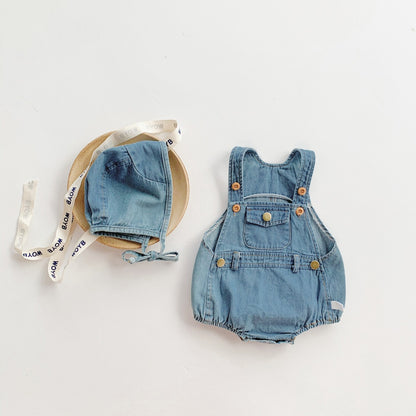 A ins summer Korean version baby and toddler boys and girls sleeveless denim bag butt jumpsuit with shoulder strap climbing suit and hat