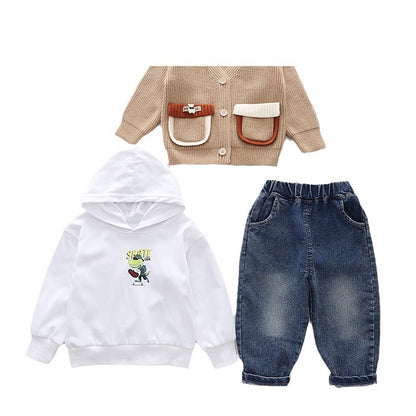 A Boys Autumn Clothing Set Children's 2024 New Boys Spring and Autumn Color Matching Pocket Long Sleeve Sweater Three-piece Set