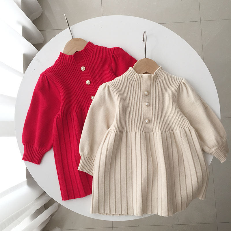 A girls bubble sleeve sweater skirt autumn and winter foreign style red princess pleated skirt small fragrant style baby knitted dress tide