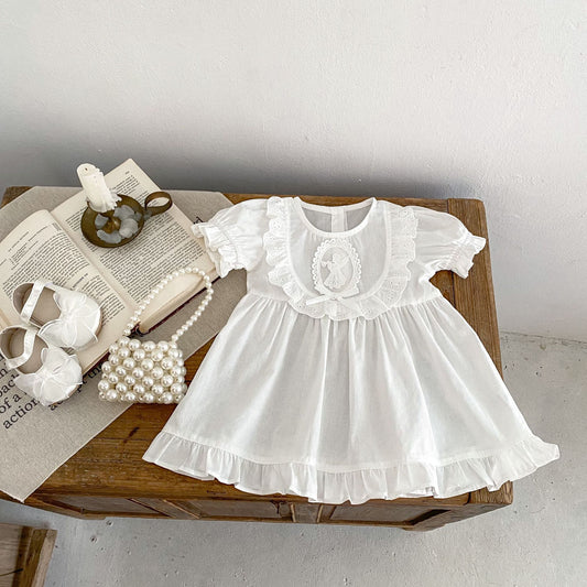 A girl&#039;s summer dress western lace princess dress 2024 new baby girl baby net color bubble short sleeve dress