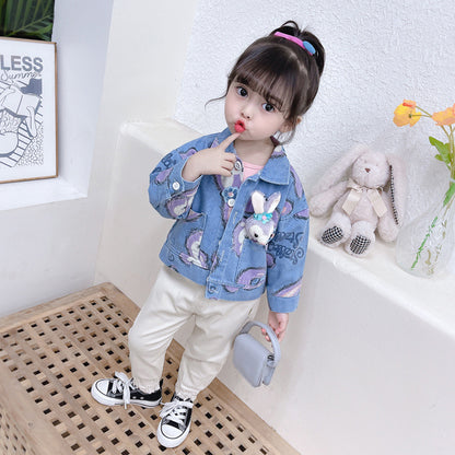 Small and medium-sized children's rabbit head denim jacket three piece set for girls long sleeved denim outer jacket cute set 0.3kg