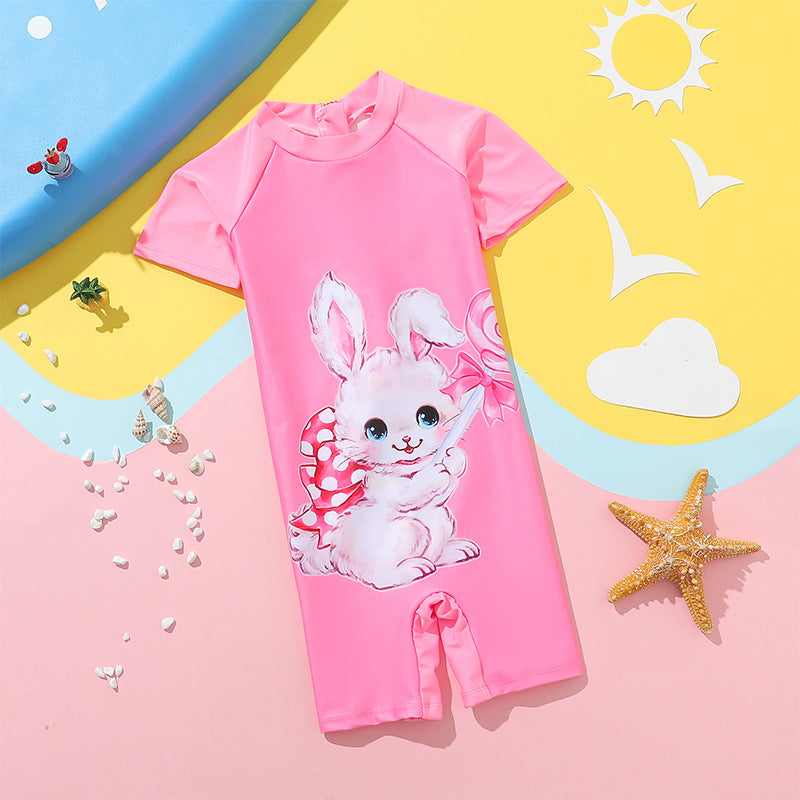 A children's swimsuit, boys and girls, one piece short sleeved sports swimsuit, middle and large children's student cartoon casual swimsuit wholesale 0.14KG