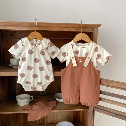 Ropa infantil popular de verano 2024 para niñas, ositos, tops + pantalones elásticos, correas de empeine, trajes de escalada cortos 