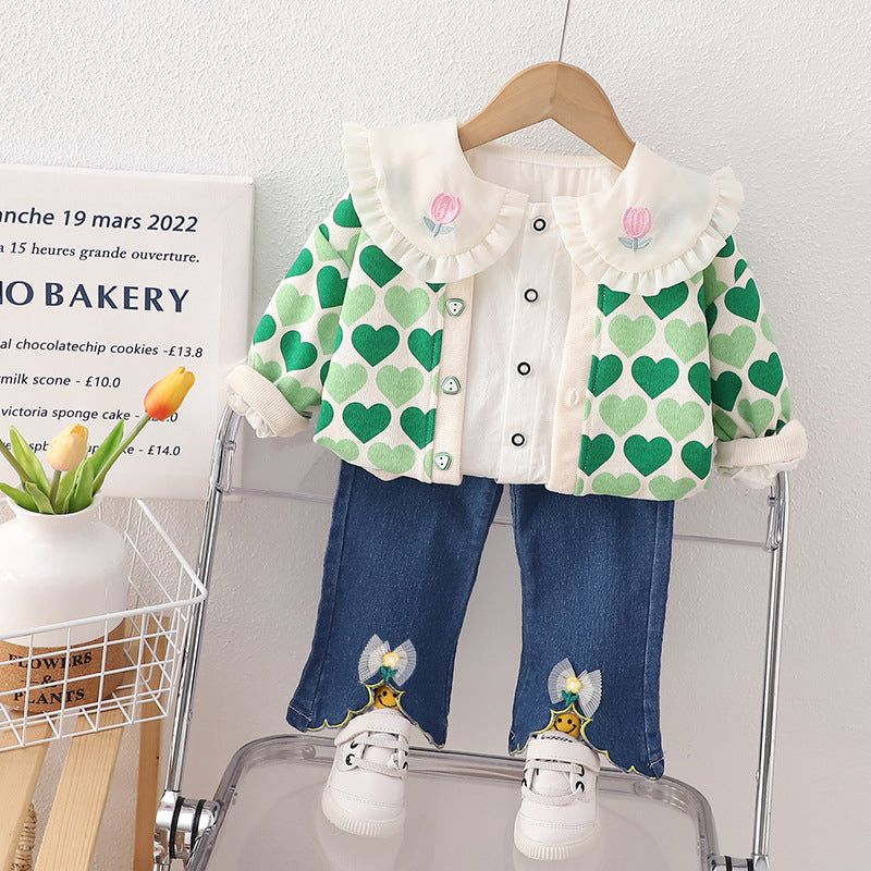 A girls cute suit autumn clothes new three-piece set full of love children's spring and autumn children's clothing trend