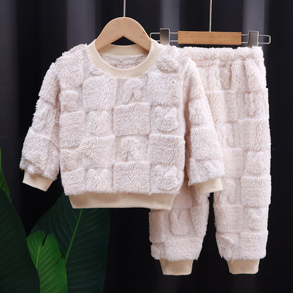 A Children's flannel pajamas set Boys and girls Korean version of warm and thickened loungewear Baby fleece clothes set