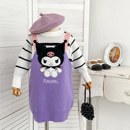 A new girl fake two-piece dress autumn and winter thermal cotton dress cute cartoon character versatile purple princess