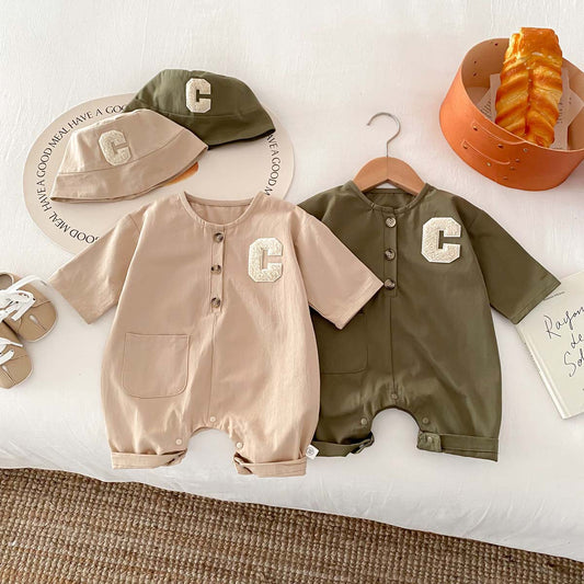 A 2024 Spring Korean version of the baby crawling clothes, boys' workwear, loose onesies, children's long-sleeved clothes, and hats