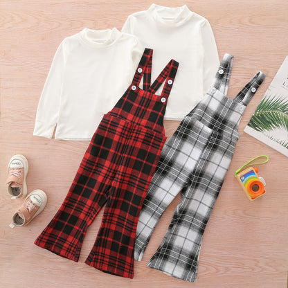 Korean version of the small and medium-sized girl suit foreign trade new pullover plaid suspender autumn pants two-piece set 0.15kg