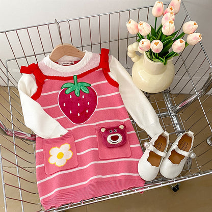 A girls spring and autumn dress new spring dress fashionable foreign style girls shirt children strawberry sweater skirt set