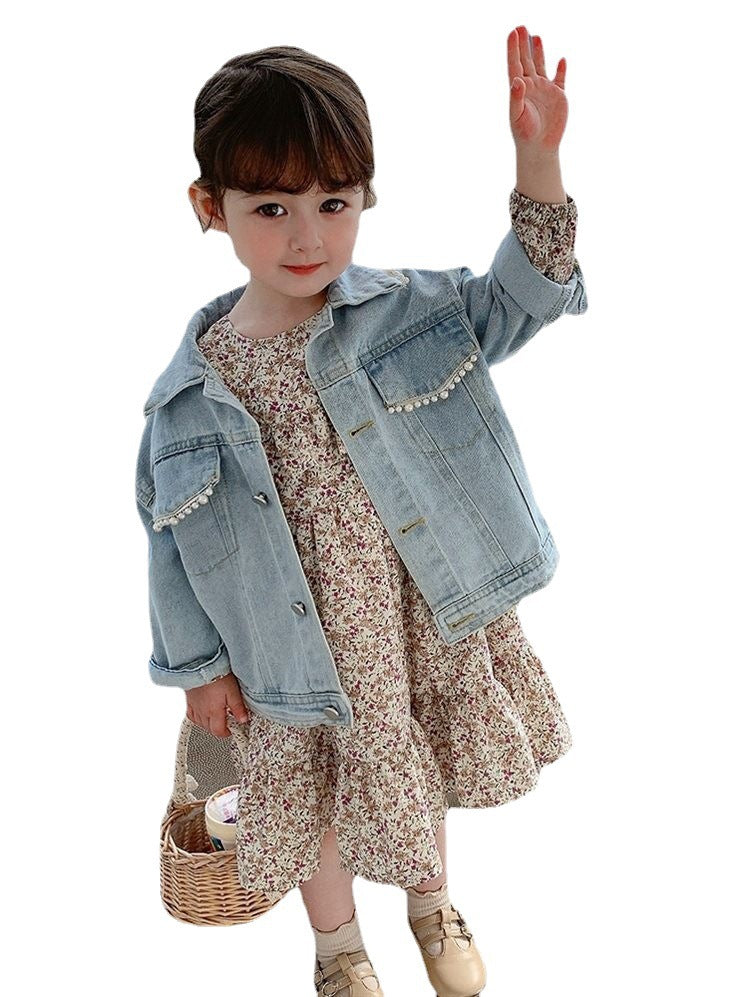 Girls' Spring Wear New Pearl Korean Children's Denim Coat Baby Spring and Autumn Western Style Cardigan Top Trendy 0.55kg