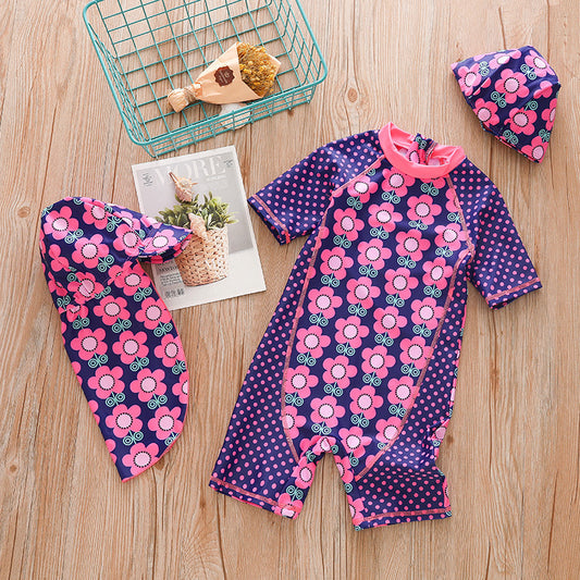 A Cross border Factory Children's Swimming Clothes, Girls' One piece Hot Spring Swimming Clothes, Sun Protection, Fresh Short Sleeve Flower Collection 3-piece Set, 0.15KG