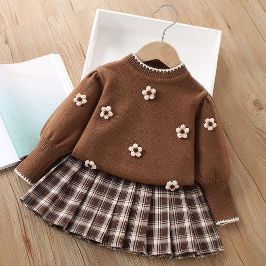 A girls sweater set autumn and winter new foreign style flower girls long sleeve knitted pullover pleated skirt two-piece set