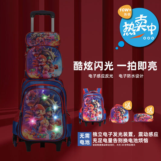 Un conjunto de dibujos animados de Shaodong con luces, mochila escolar, barra de tracción, mochila escolar de doble hombro, conjunto de tres piezas desmontable con película y luces, mochila para niños 