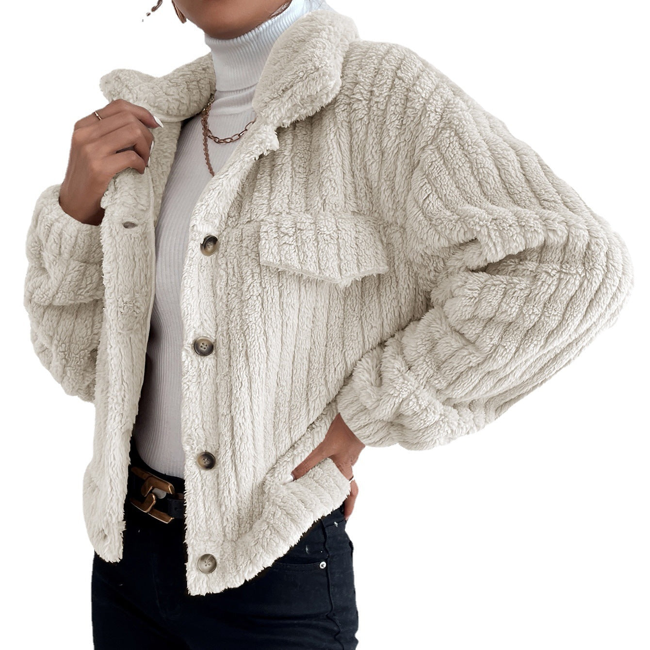 Autumn and winter women's lapel short coat casual thickened plush winter top