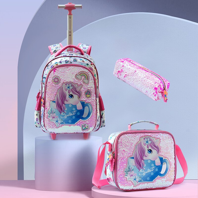 A Cross border New Bead Cute Cartoon Primary School Girl 16 inch Load Reduction Rod School Bag Children's Illusion Three piece Set