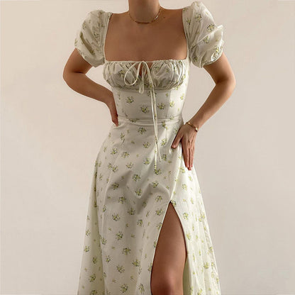 A 2024 Amazon European and American women's clothing summer new printing French floral backless slim suspender split dress