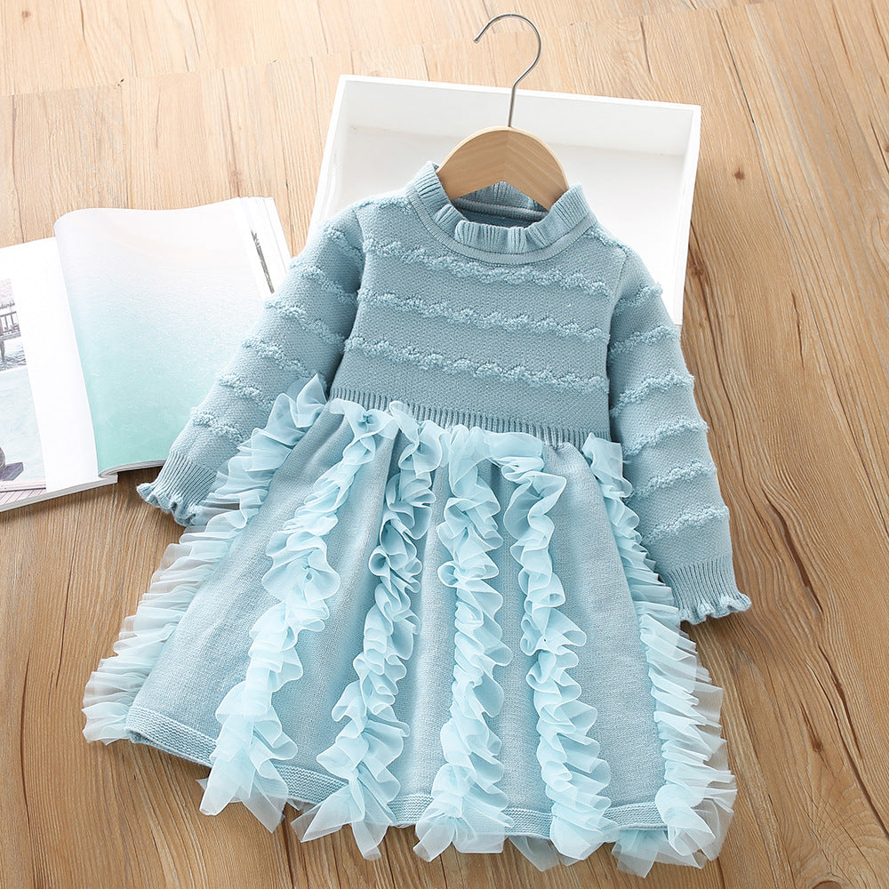 A girls sweater dress autumn and winter new Korean version of foreign style solid color little girl knitted long-sleeved princess dress tide