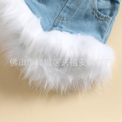 Autumn/Winter New Strap Off Shoulder Top Denim Set Winter Cross border Girls Fashion Fur Splicing Set