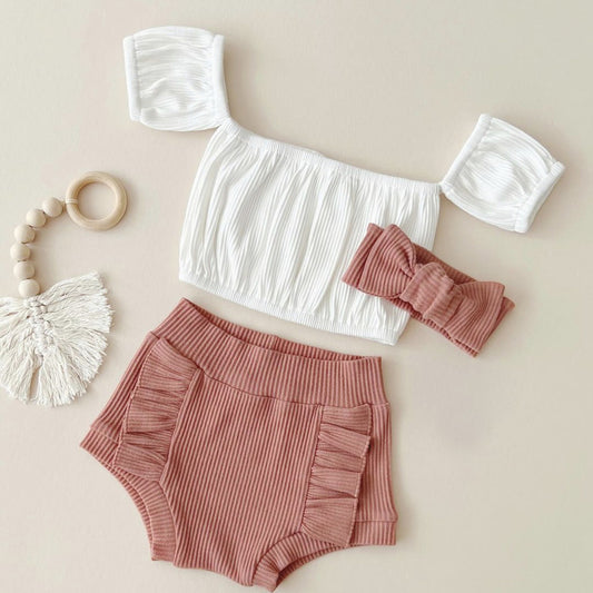 A 2024 summer girls&#039; baby baby knitted pit strip tube top off-the-shoulder bubble sleeve top vest shorts 2-piece set