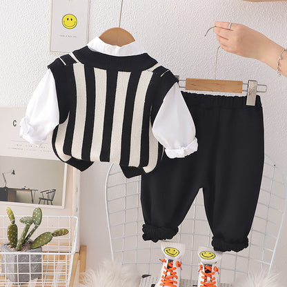 A vest three-piece autumn new striped panda cute top outdoor street shooting fashion suit manufacturer wholesale