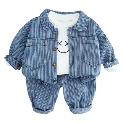 Boy's Spring Suit Baby Tide Spring Children's Clothes Boy's Spring and Autumn Vertical Strip Smiley Denim Three-piece Set for Babies and Children 0.3kg