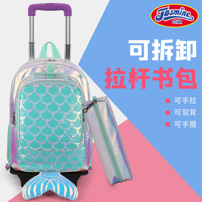 Mochila escolar con ruedas de cuero PU de versión coreana para estudiantes de escuela primaria, conjunto de tres piezas de 1.º a 5.º grado, mochila con bordado de dibujos animados para niños y niñas 