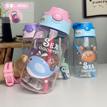 A net red plastic water cup cartoon children's straw cup strap summer high value schoolgirl water bottle bouncing cup wholesale