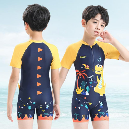 A boy's split body swimsuit cartoon print small dinosaur small, medium, and large children's student quick drying sun protection sports jumpsuit 0.18KG