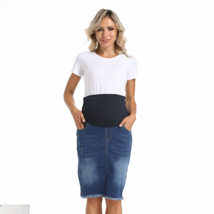 A Cross-border summer pregnant women's belly support denim skirt fashionable hot mom casual thin large size loose rough edge maternity skirt