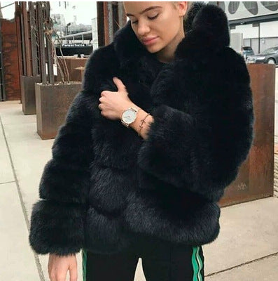 A Amazon lady autumn and winter thickened warm fluffy jacket long sleeve hat imitation rabbit fur jacket