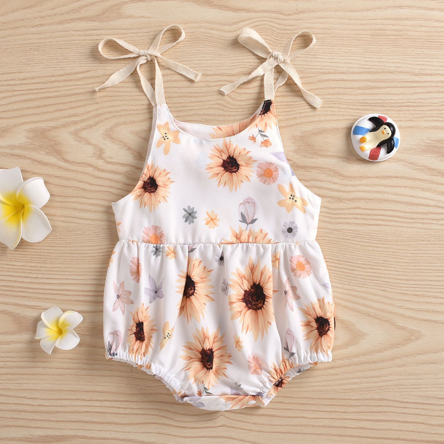 Baby GL2151 # White printed gold, half sun, sunflower camisole jumpsuit 0.14kg