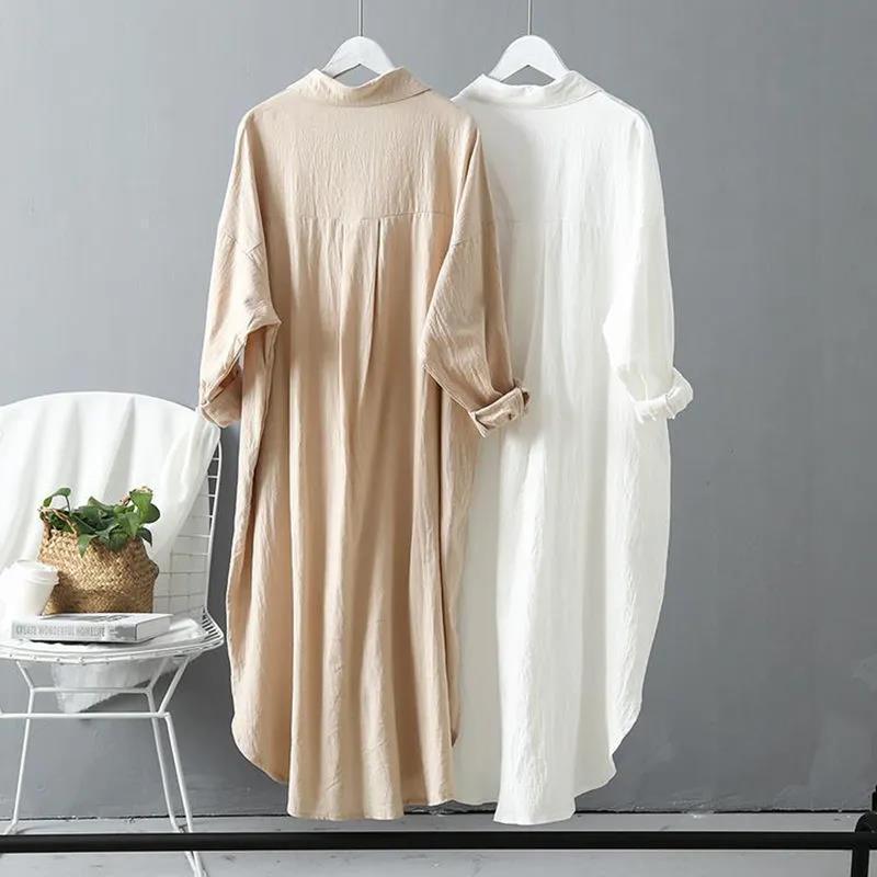 Cotton and linen sunscreen white shirt for women's outer wear autumn new versatile loose casual top mid-length shirt dress WEIGHT:200G