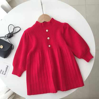 A girls bubble sleeve sweater skirt autumn and winter foreign style red princess pleated skirt small fragrant style baby knitted dress tide