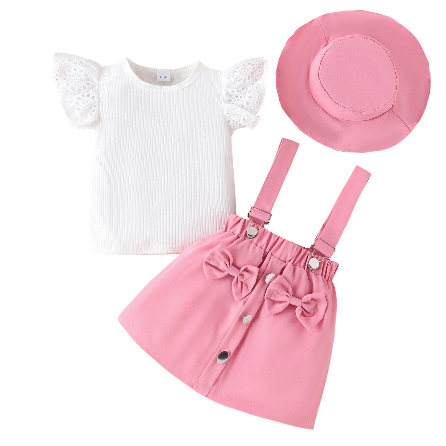 Conjunto de primavera/verano para niñas con top de encaje con mangas voladoras + falda corta con tirantes de color liso + sombrero de Amazon 