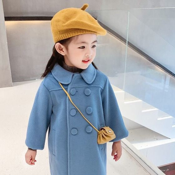 A girls woolen coat 2023 autumn and winter new children's Korean version lapel medium and long solid color woolen coat one piece hair