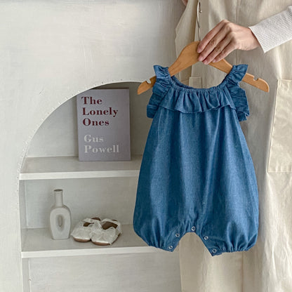 A baby pure cotton breathable denim short crawling suit, sweet and cute girl baby summer new jumpsuit, bag and buttocks