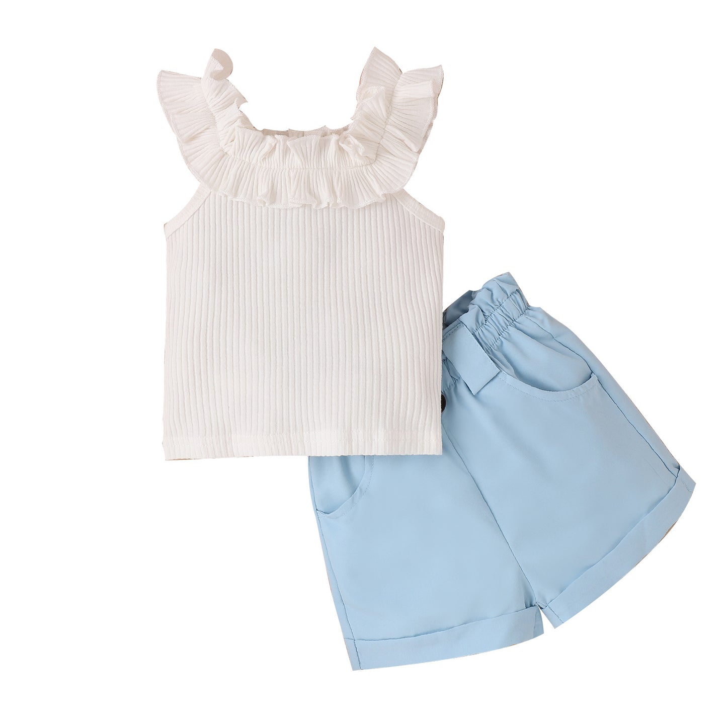 Camiseta sin mangas con orejas de madera para niños pequeños y medianos de Tengxin, ropa para niños de Amazon, primavera/verano, conjunto de pantalones cortos de color liso para niñas