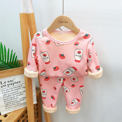 A handsome baby autumn clothes new velvet cartoon warm clothes two-piece set autumn and winter boys and girls suits wholesale