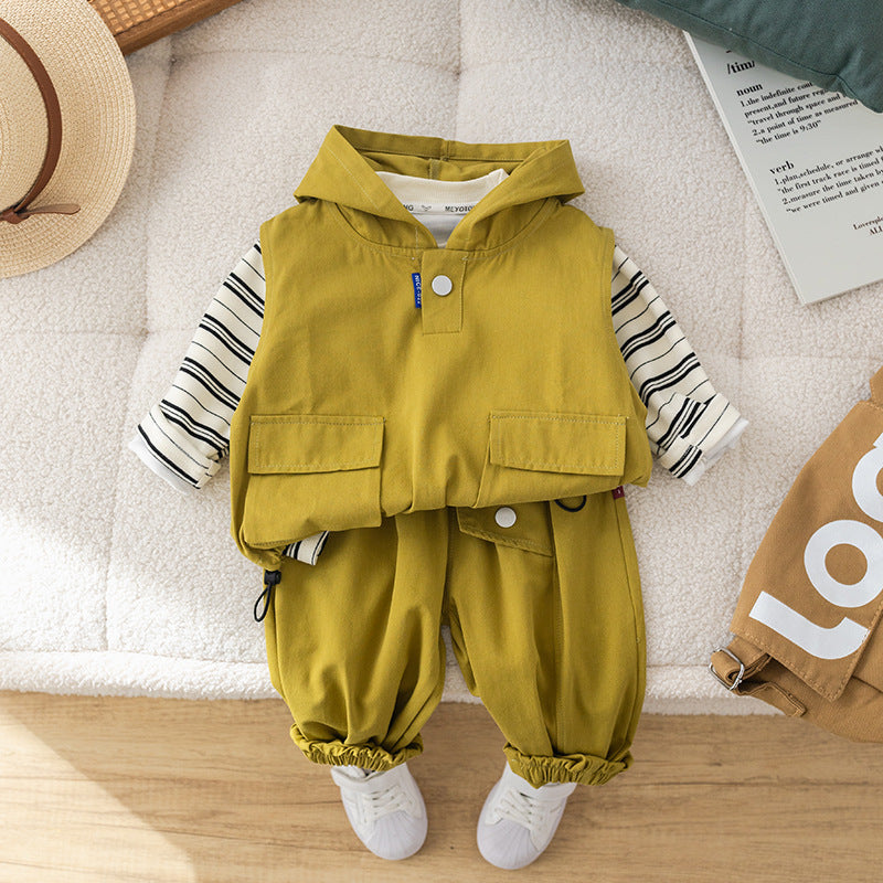 A autumn new boys lapel shirt long-sleeved three-piece boy's tooling trousers striped vest set