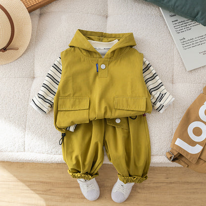 A autumn new boys lapel shirt long-sleeved three-piece boy's tooling trousers striped vest set