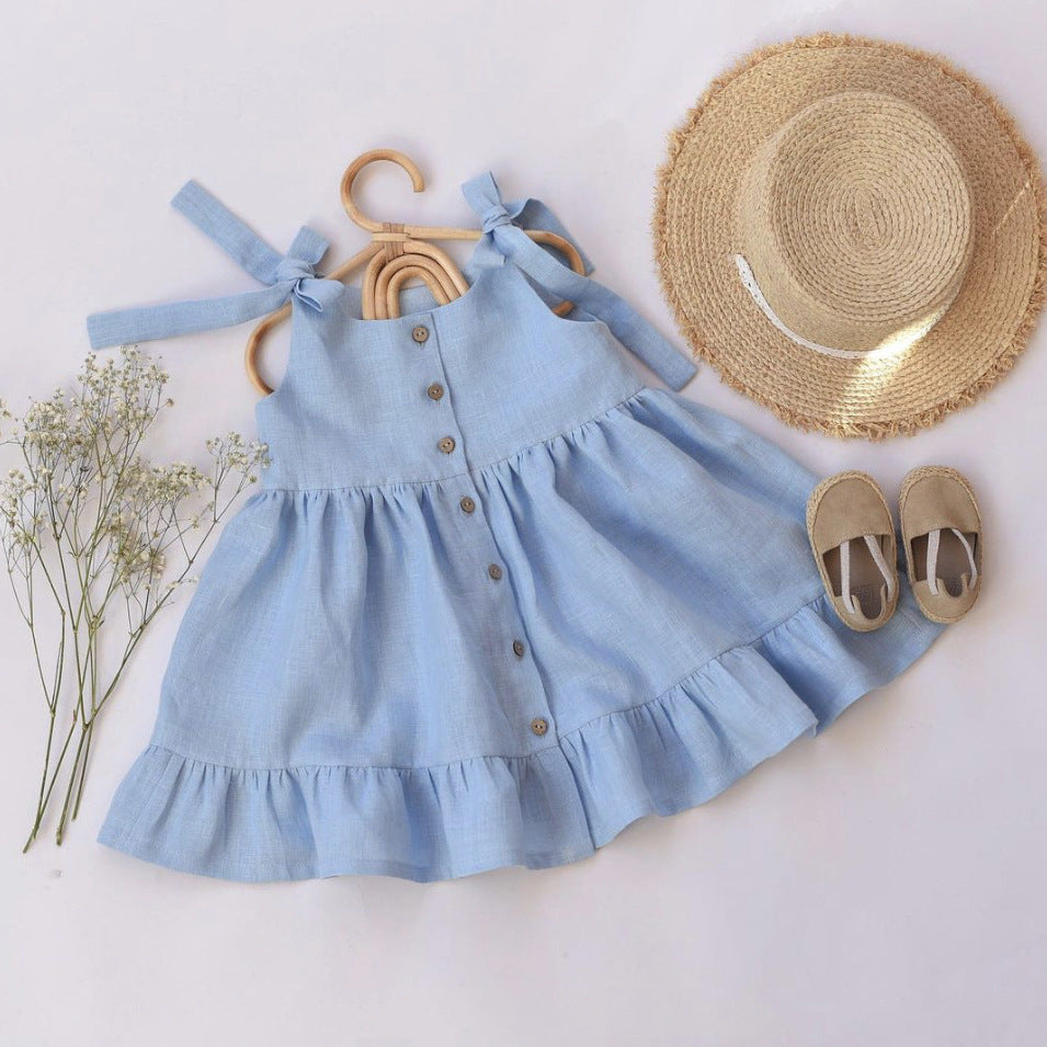 A girl's cotton and linen sleeveless camisole dress with ruffled edge princess skirt girl linen cotton dresses