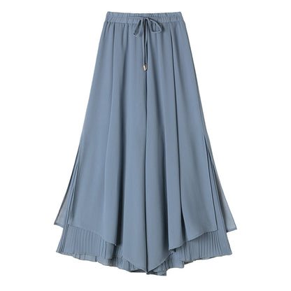 A real shot chiffon wide-leg pants women's 2024 summer high-waisted culottes loose and drape nine-point pleated wide-footed pants skirt