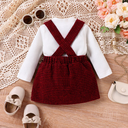 Children's Sweetheart Solid Color Pit Stripe Round Neck Long Sleeve with Strap Fine Plaid Short Skirt Autumn/Winter Infant Set 0.2kg