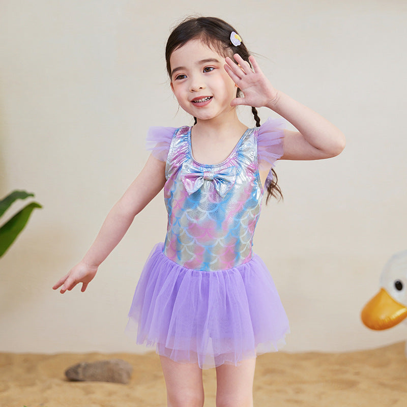 Girl's swimsuit, small and medium-sized children's one-piece mermaid skirt style hot spring bathing swimsuit, stylish baby cute swimsuit wholesale