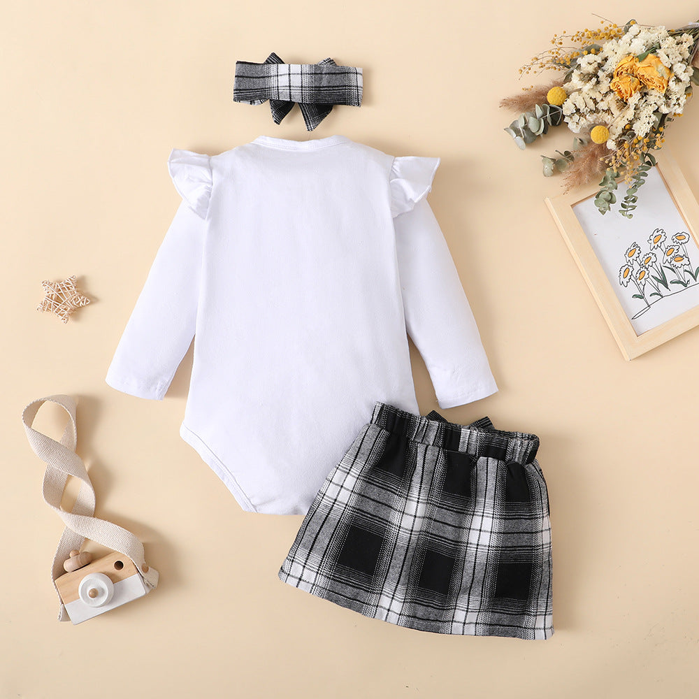 A Baby Set Autumn Long Sleeve Triangle Romper Cross-border Plaid Skirt Baby Girl Two-piece Set Foshan Children's Clothing